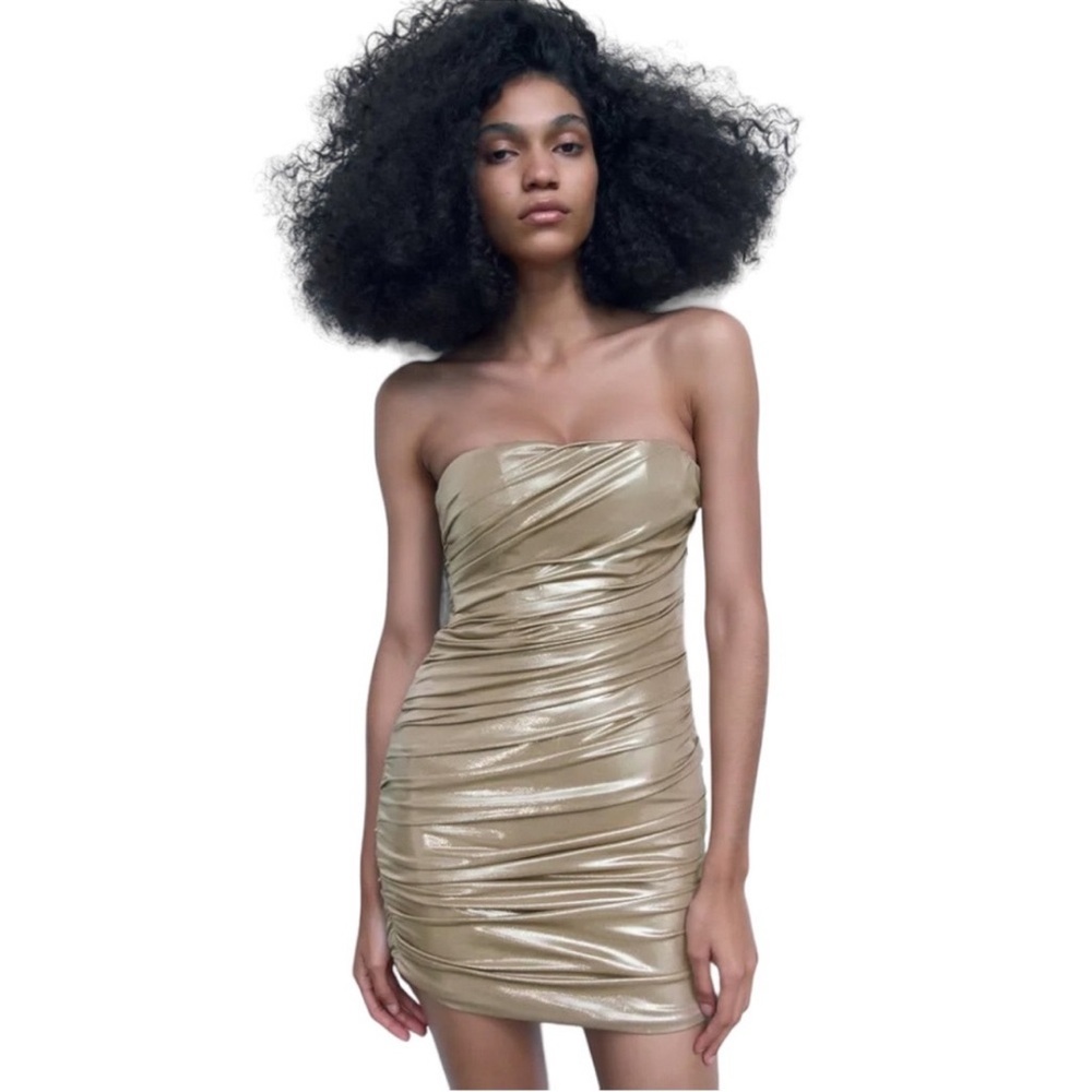 Zara ruched draped strapless gold mini dress